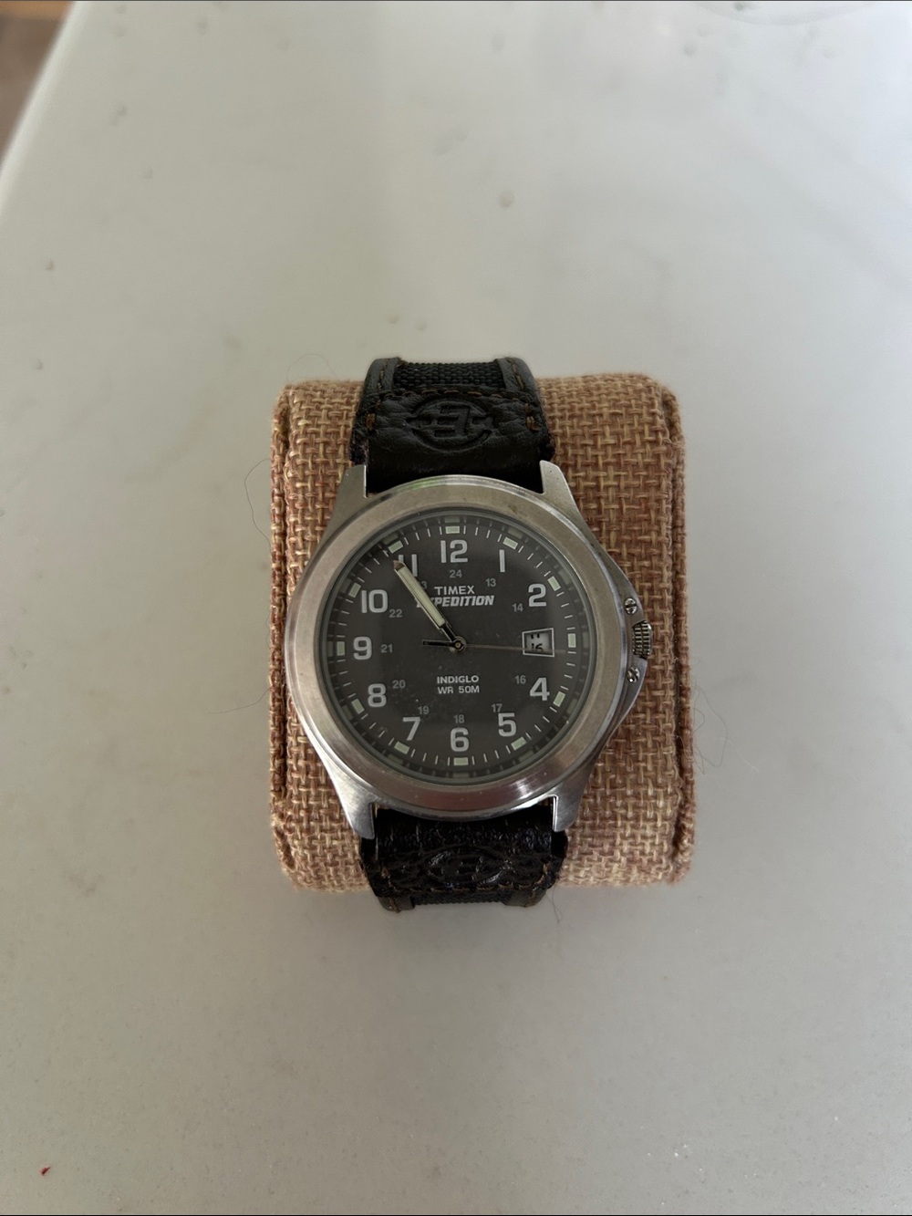 Timex Expedition Watch Men Indiglo 37mm Silver Tone Leather Band